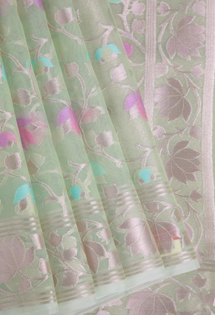 Pistachio Green Organza Saree with Copper Zari Floral Patterns