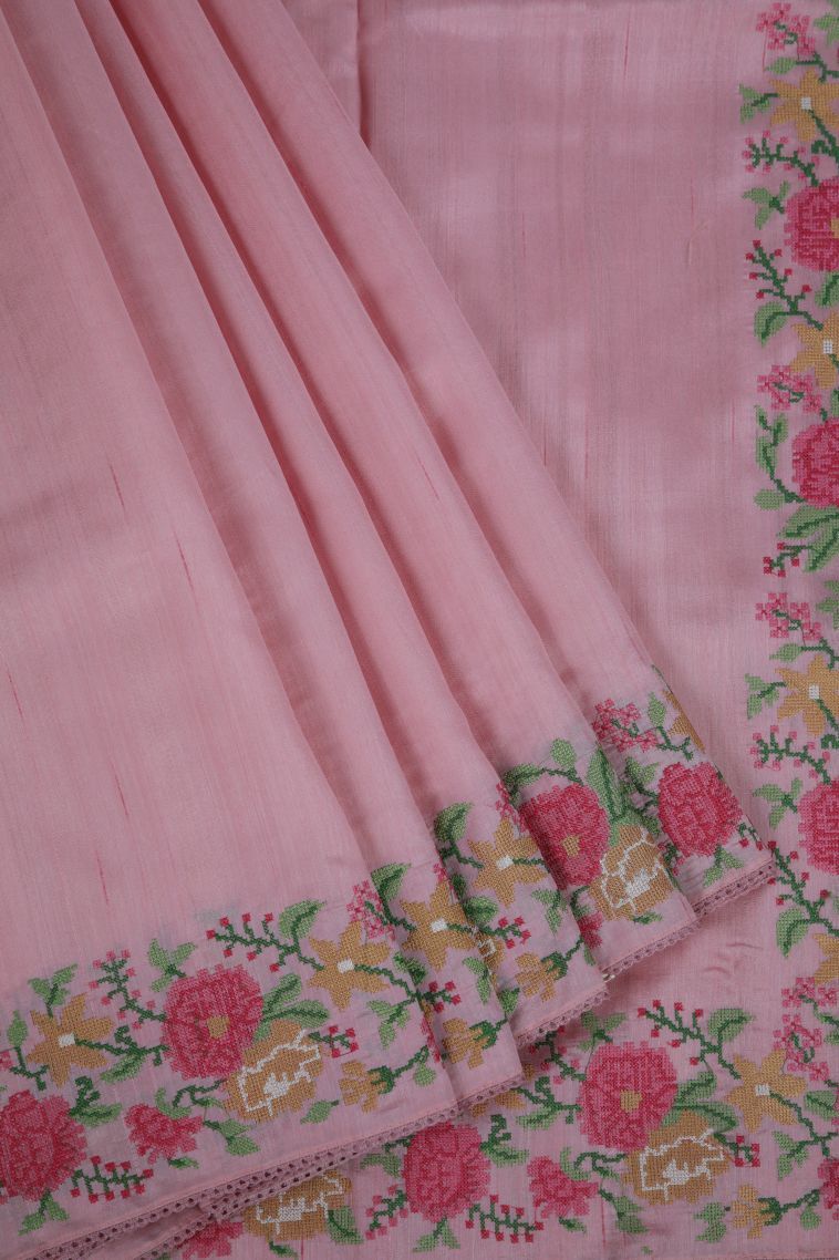 Crepe Pink Tussar Saree with Without Zari Zari Stripes view 1