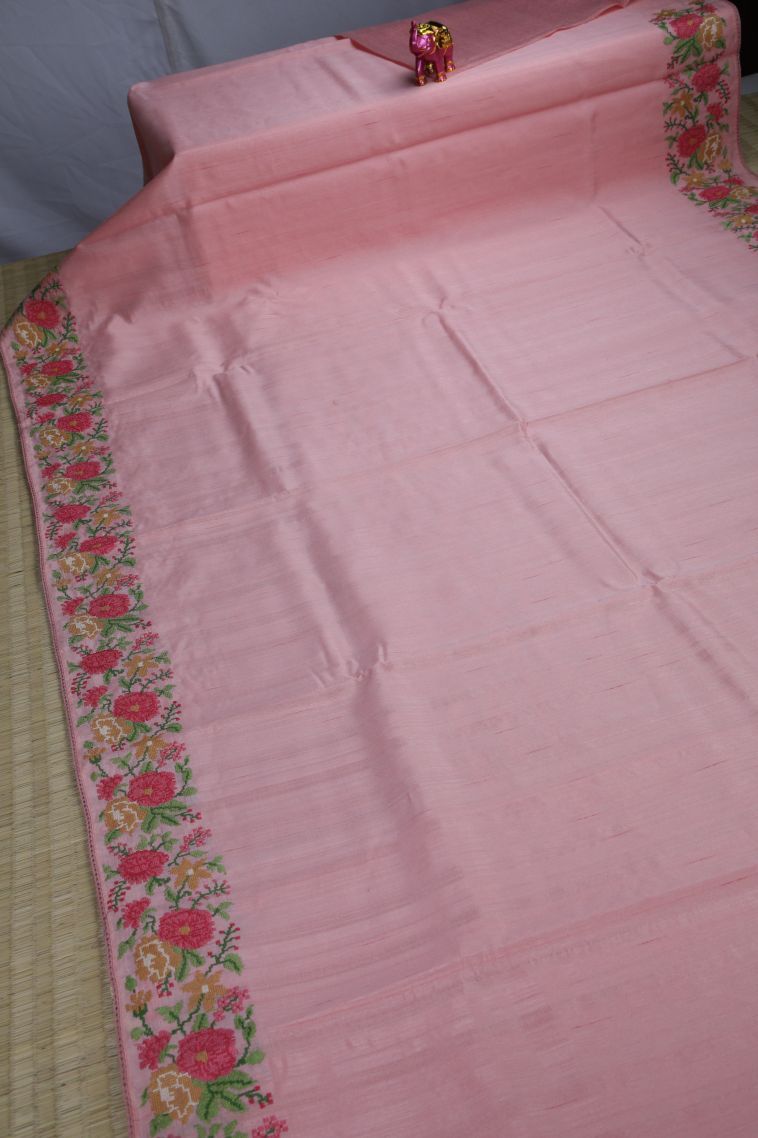 Crepe Pink Tussar Saree with Without Zari Zari Stripes view 2
