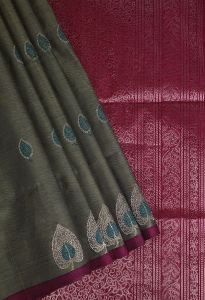 Sage Green Pure Handloom Kovai Cotton with Without Zari Zari Floral Patterns
