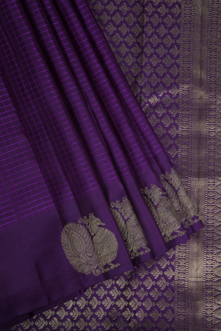 Bosenberry Purple Kanchipuram Silk Sarees with Gold Zari Checks view 1