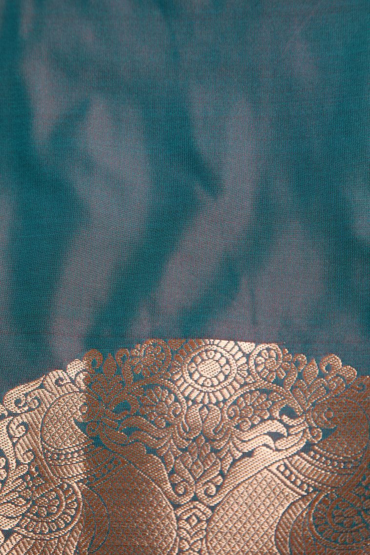 Teal Blue Apoorva Silk Sarees with Gold Zari Floral Patterns view 3