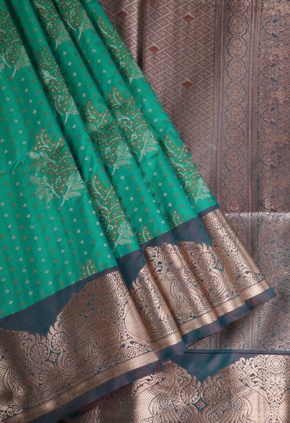 Teal Blue Apoorva Silk Sarees with Gold Zari Floral Patterns