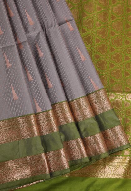 Damp Black Soft Silk Saree with Copper Zari Geometric Shapes