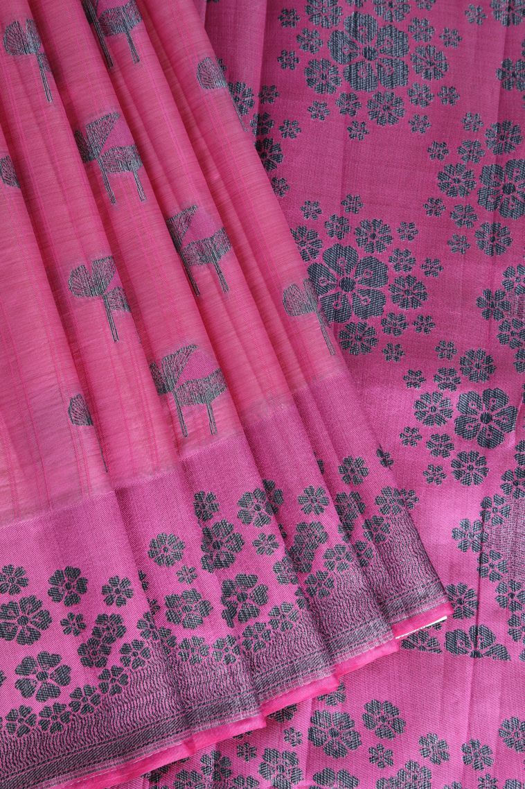 Taffy Pink Raw Silk Sarees with Without Zari Zari Floral Patterns view 1