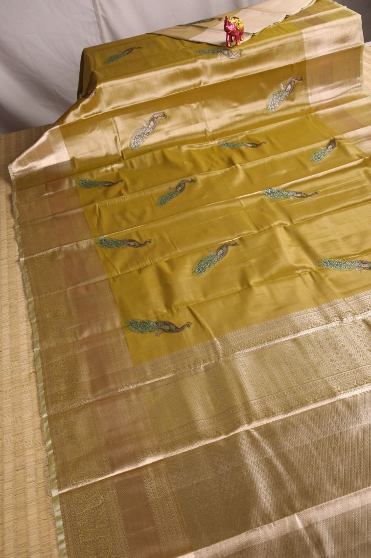 Metallic Gold Tissue Silk Sarees with Gold Zari Peacock Motifs view 2