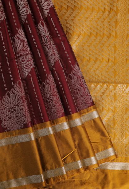 Lipstick Red Soft Silk Saree with Silver Zari Floral Puttas
