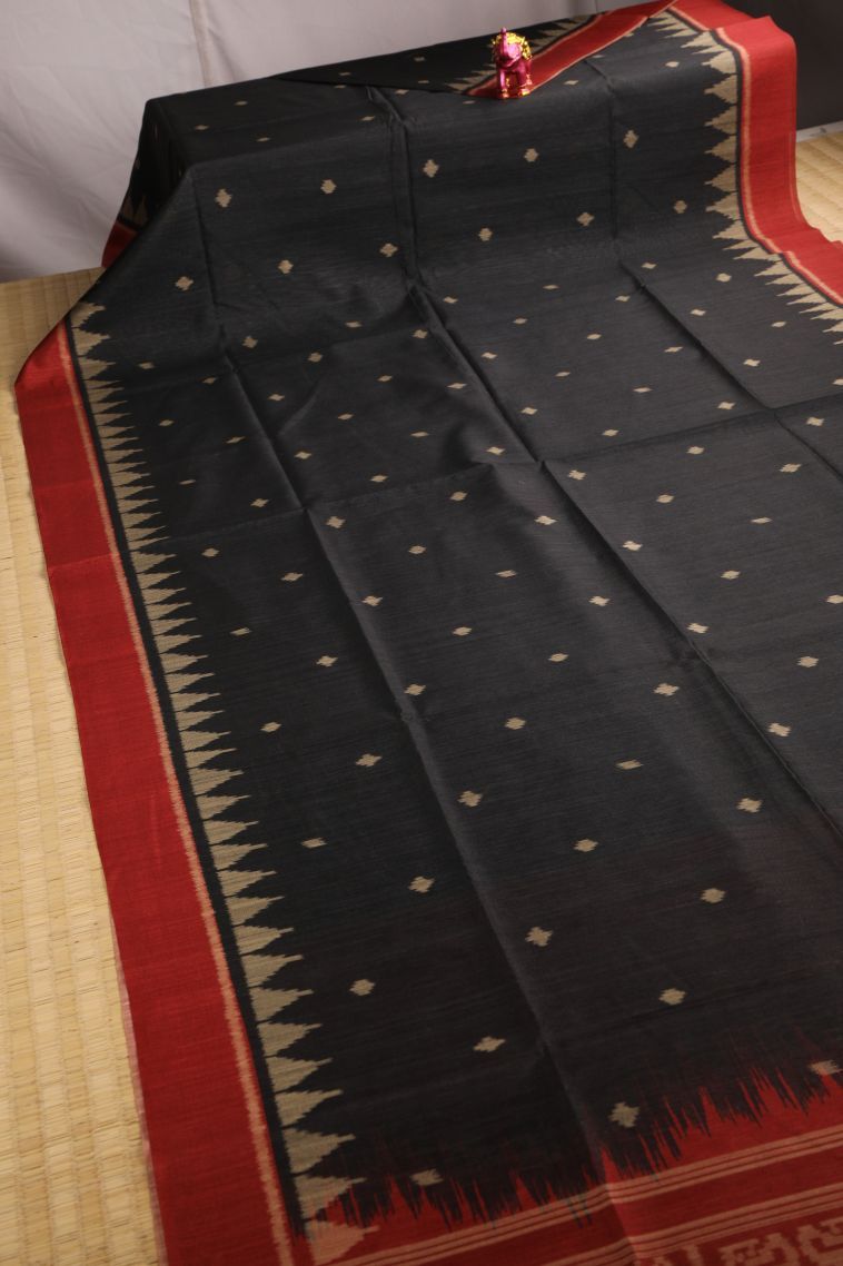 Onyx Black Semi Tussar Silk with Gold Zari Buttis (small Dots Or Motifs) view 2