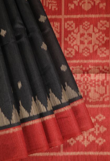 Onyx Black Semi Tussar Silk with Gold Zari Buttis (small Dots Or Motifs)