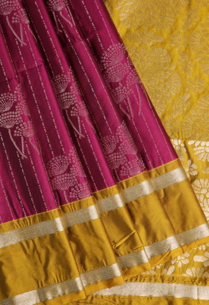 Magenta Purple Soft Silk Saree with Silver Zari Floral Puttas