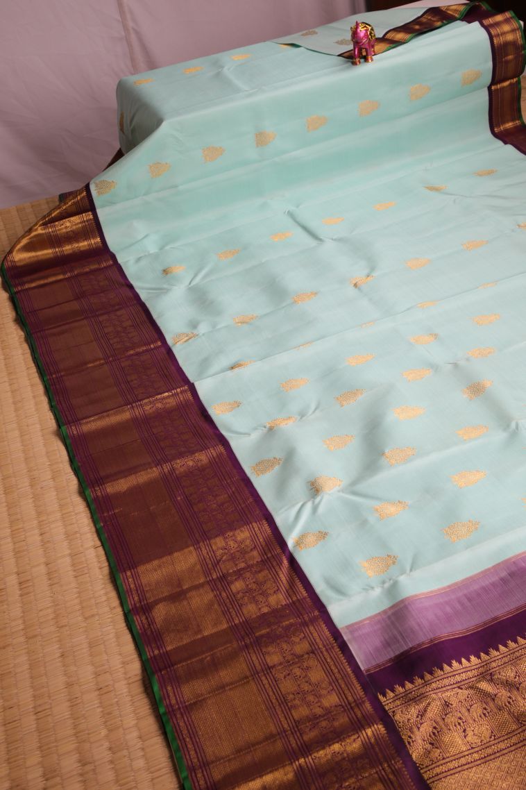 Mint Green Kanchipuram Silk Sarees with Gold Zari Floral Patterns view 2