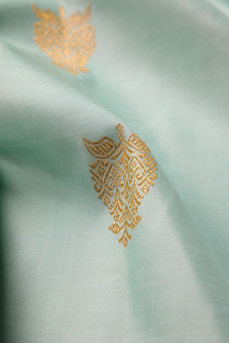 Mint Green Kanchipuram Silk Sarees with Gold Zari Floral Patterns view 4