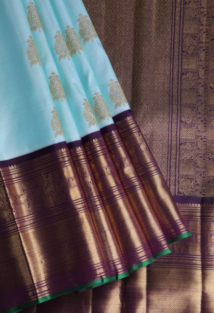 Mint Green Kanchipuram Silk Sarees with Gold Zari Floral Patterns