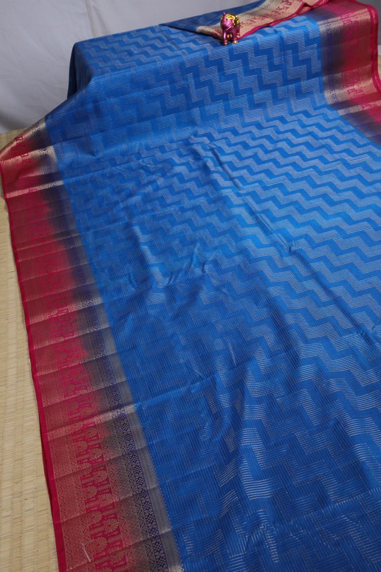 Azure Blue Raw Silk Sarees with Without Zari Zari Geometric Shapes view 2