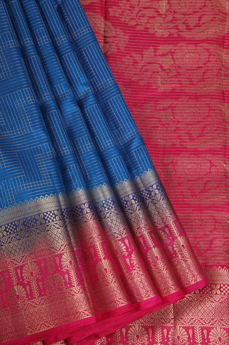 Azure Blue Raw Silk Sarees with Without Zari Zari Geometric Shapes view 1