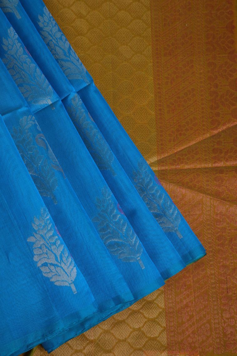 Cerulean Blue Silk Cotton Sarees with Gold Zari Manga view 1