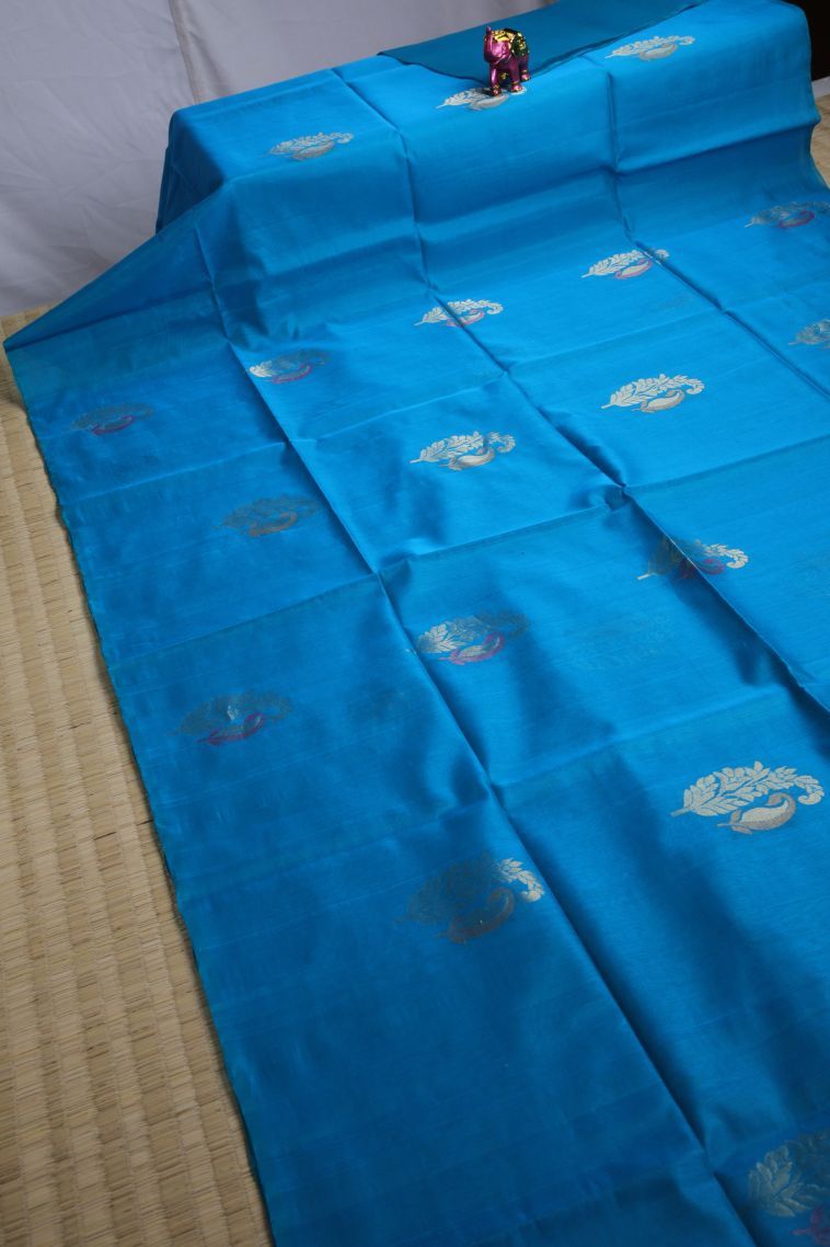 Cerulean Blue Silk Cotton Sarees with Gold Zari Manga view 2