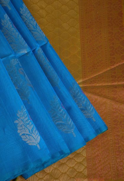 Cerulean Blue Silk Cotton Sarees with Gold Zari Manga