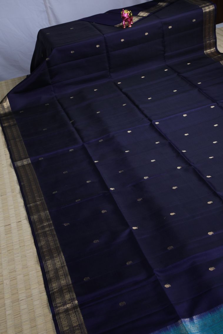 Navy Blue Soft Silk Saree with Gold Zari Floral Patterns view 2