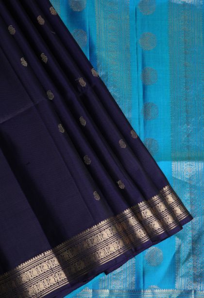 Navy Blue Soft Silk Saree with Gold Zari Floral Patterns