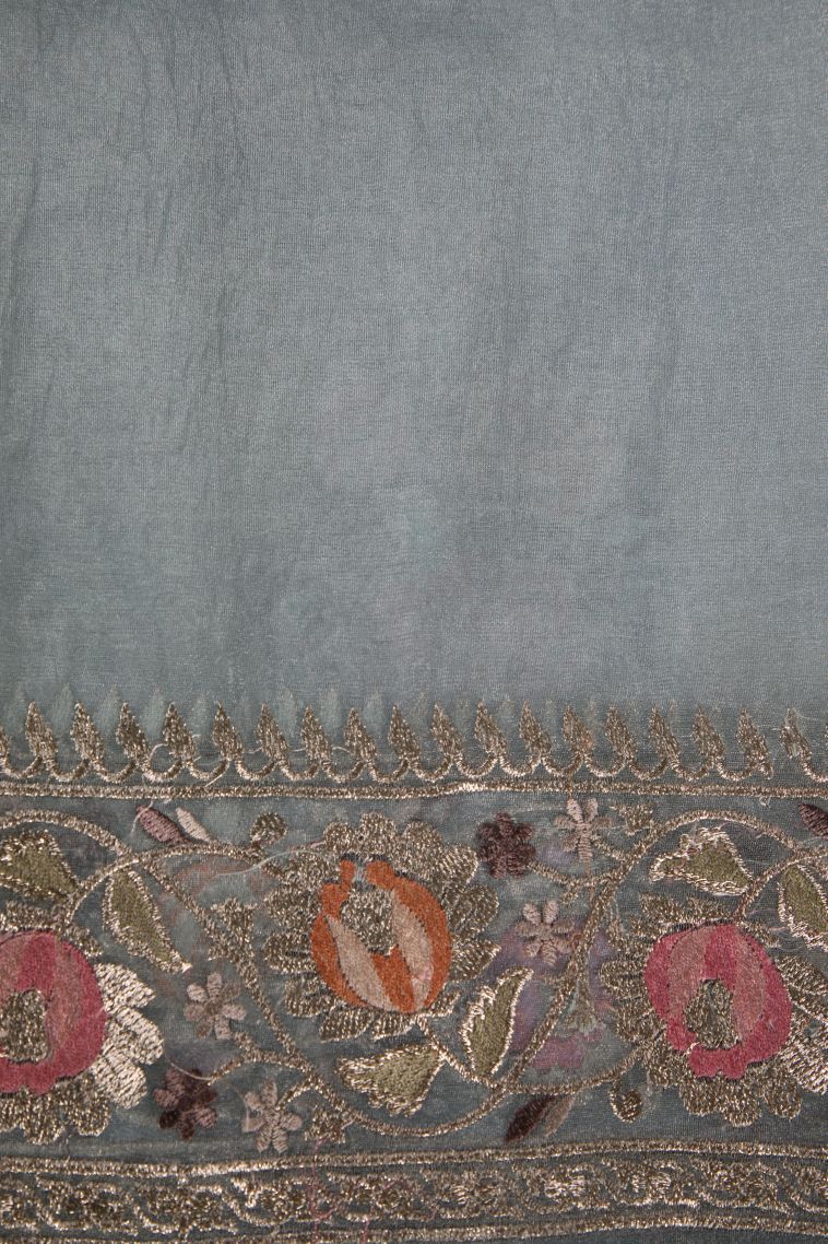 Sky Blue Organza Saree with Silver Zari Floral Patterns view 3