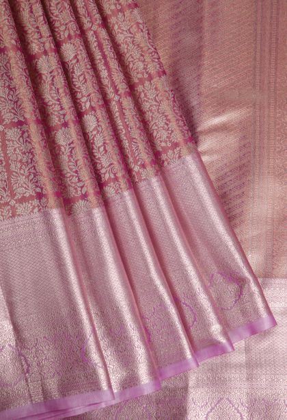 Rose Pink Tissue Silk Sarees with Gold Zari Floral Patterns