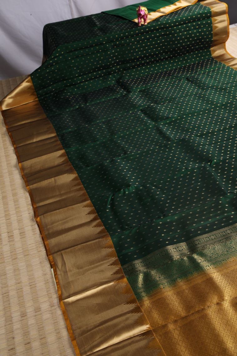 Pine Green Soft Silk Saree with Gold Zari Buttis (small Dots Or Motifs) view 2