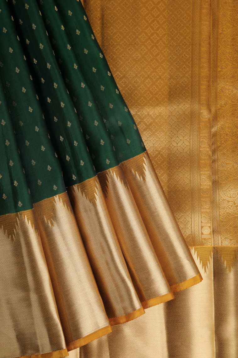 Pine Green Soft Silk Saree with Gold Zari Buttis (small Dots Or Motifs) view 1
