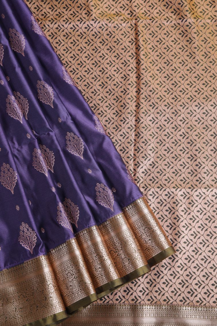 Admiral Blue Soft Silk Sarees with Gold Zari Floral Patterns view 1