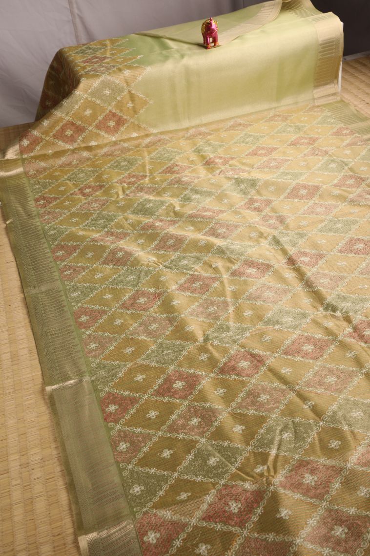 Olive Green Tissue Silk Sarees with Gold Zari Geometric Shapes view 2