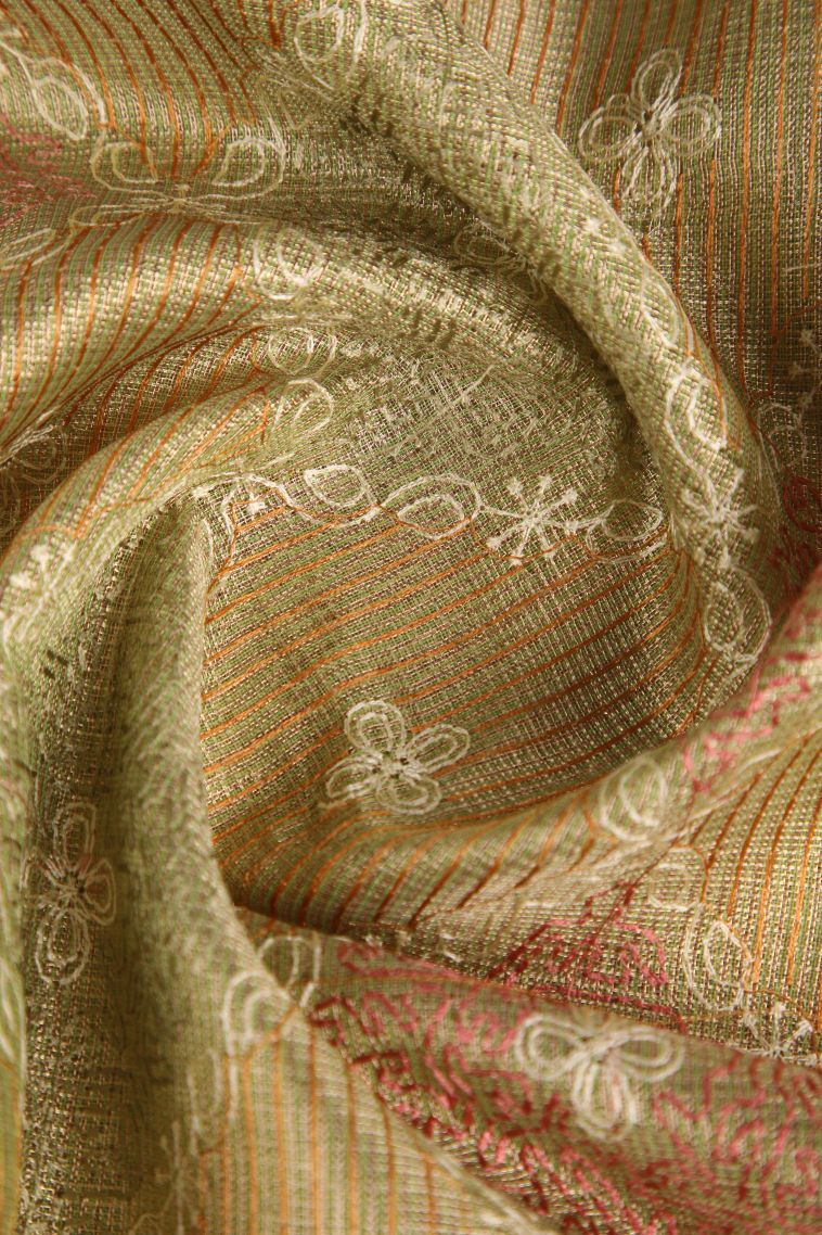 Olive Green Tissue Silk Sarees with Gold Zari Geometric Shapes view 4