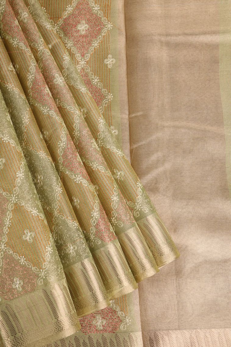Olive Green Tissue Silk Sarees with Gold Zari Geometric Shapes