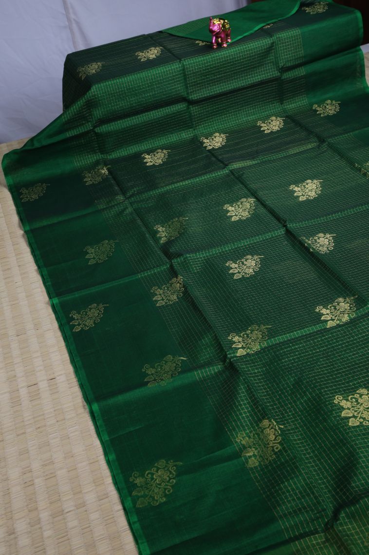 Pine Green Silk Cotton Sarees with Gold Zari Floral Patterns view 2