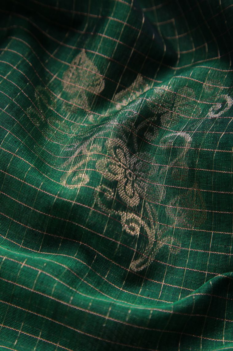 Pine Green Silk Cotton Sarees with Gold Zari Floral Patterns view 4