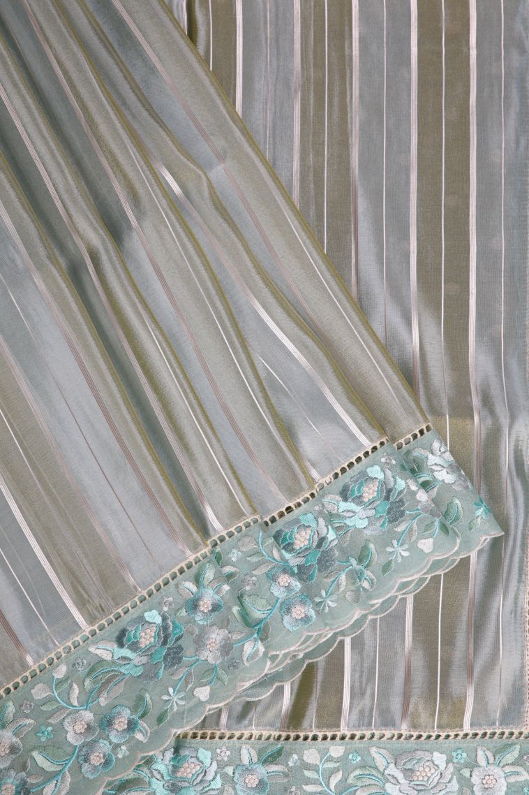 Gray Black Tussar Saree with Silver Zari Stripes view 1