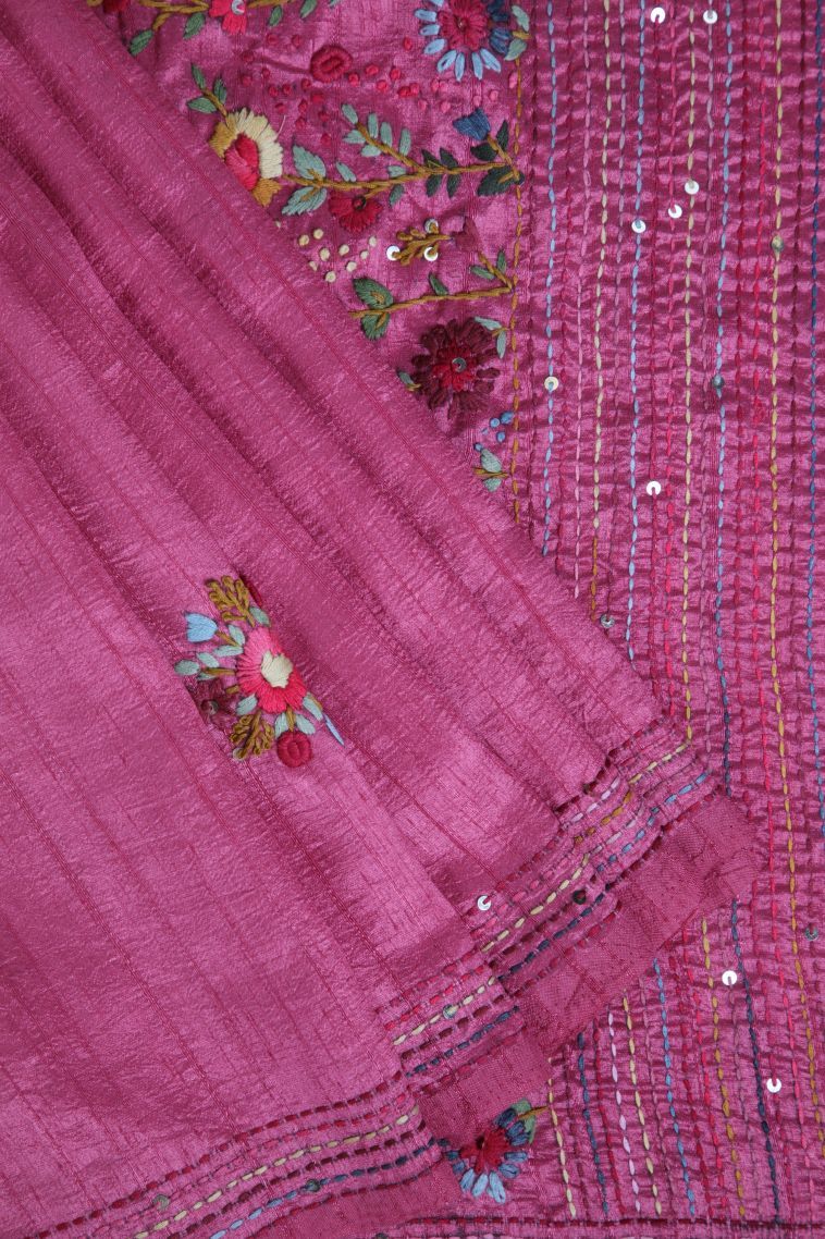 Fuscia Pink Jute Sarees with Without Zari Zari Floral Patterns view 1