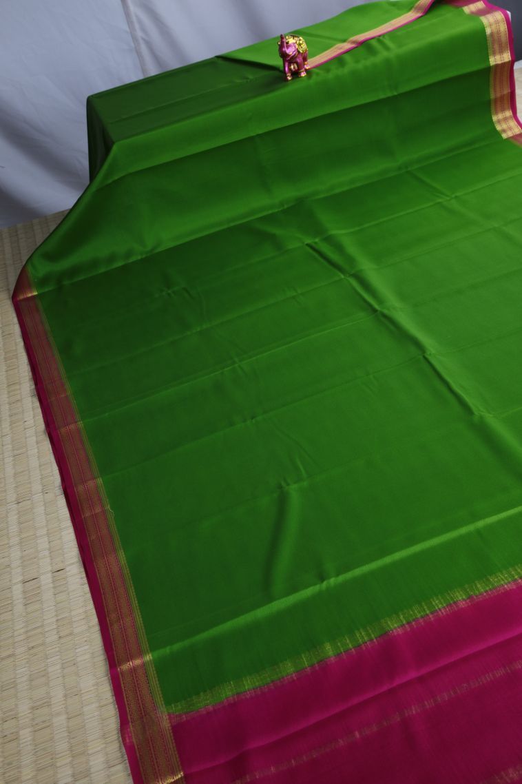 Shamrock Green Mysore Silk with Gold Zari Plain view 2