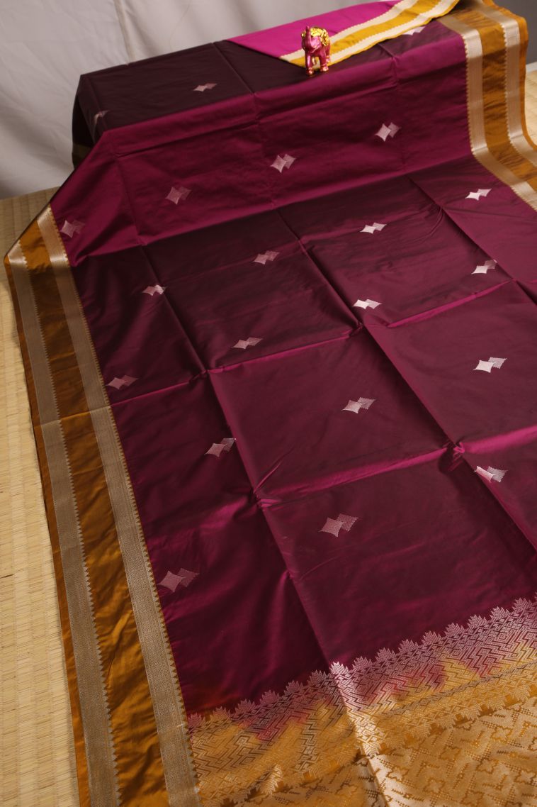 Magenta  Pink Soft Silk Saree with Silver Zari Geometric Shapes view 2