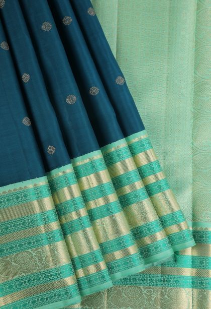 Aegean Blue Kanchipuram Silk Sarees with Gold Zari Buttis (small Dots Or Motifs)