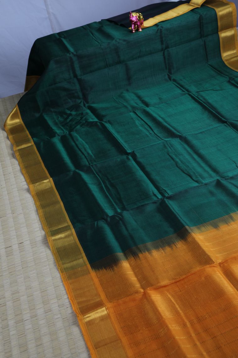 Pine Green Silk Cotton with Gold Zari Plain view 2