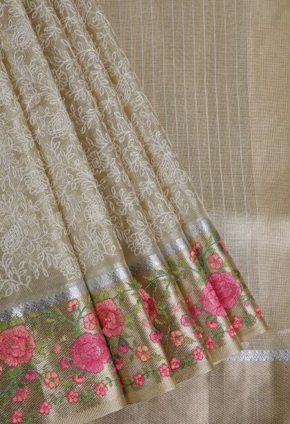 Gold Tissue Silk Sarees with Gold And Silver Zari Floral Patterns