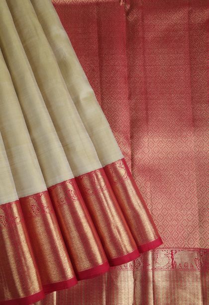 Beige Yellow Kanchipuram Silk Sarees with Gold Zari Plain