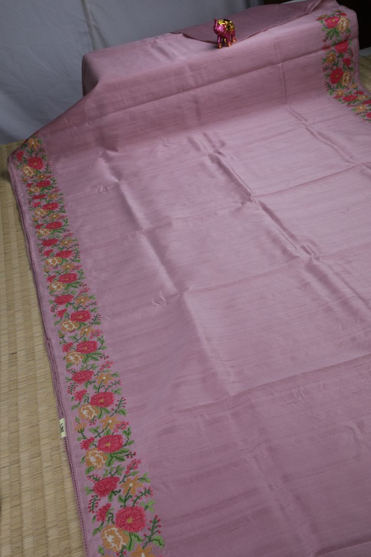Lean Pink Tussar Saree with Without Zari Zari Stripes view 2