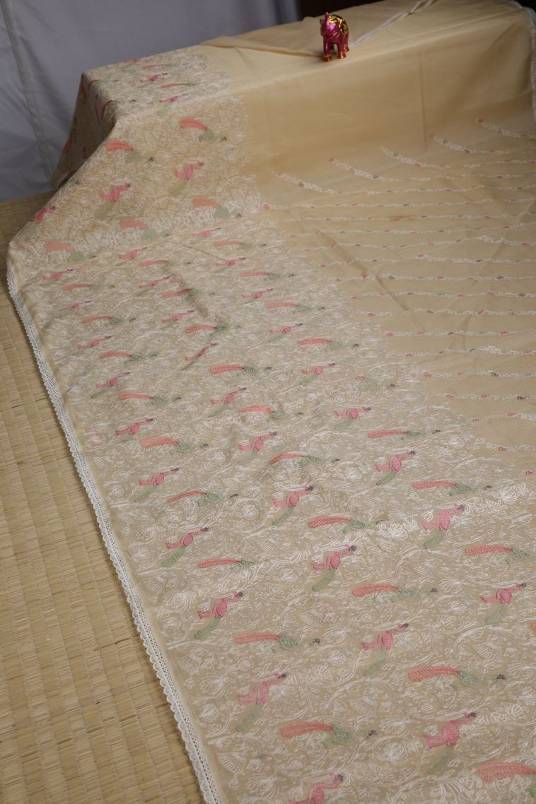 Cream White Organza Saree with Without Zari Zari Peacock Motifs view 2