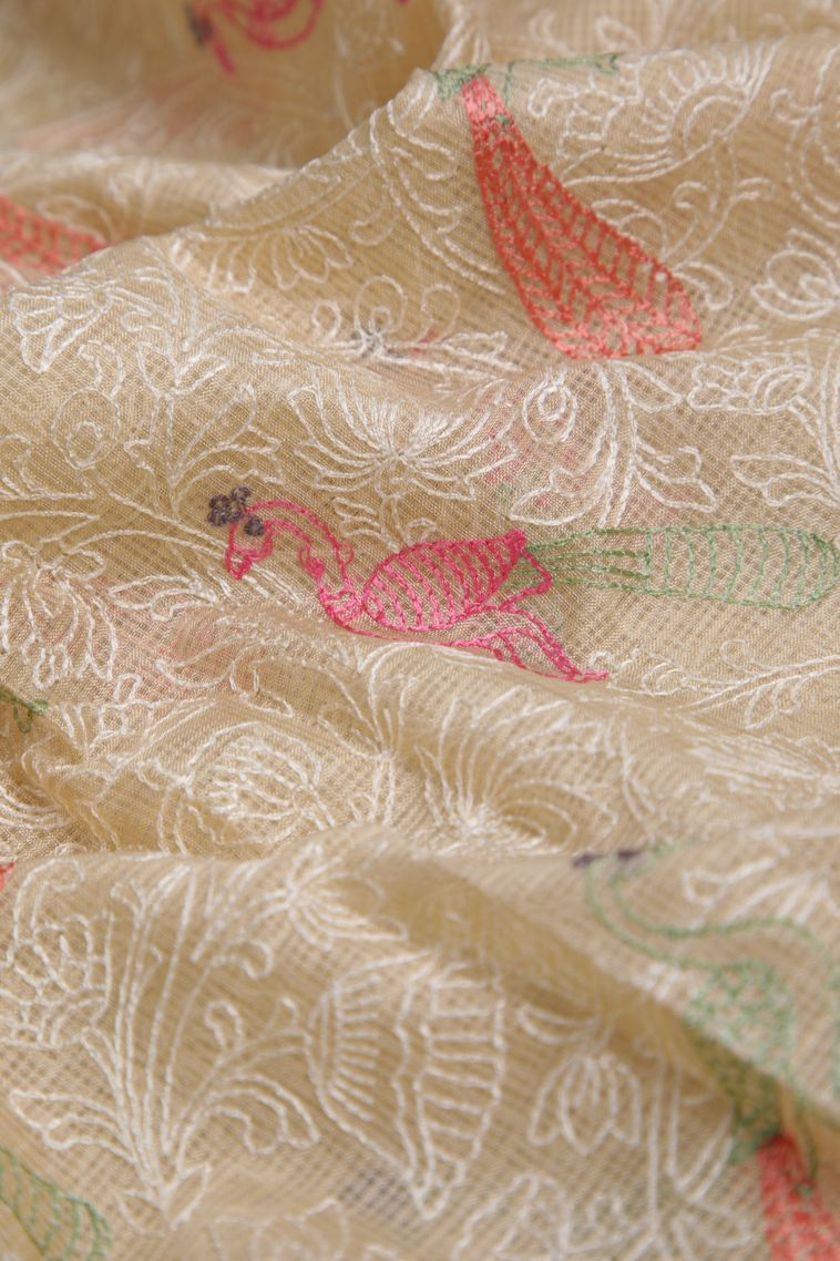 Cream White Organza Saree with Without Zari Zari Peacock Motifs view 4