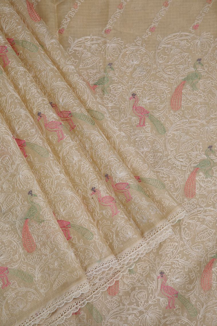 Cream White Organza Saree with Without Zari Zari Peacock Motifs view 1