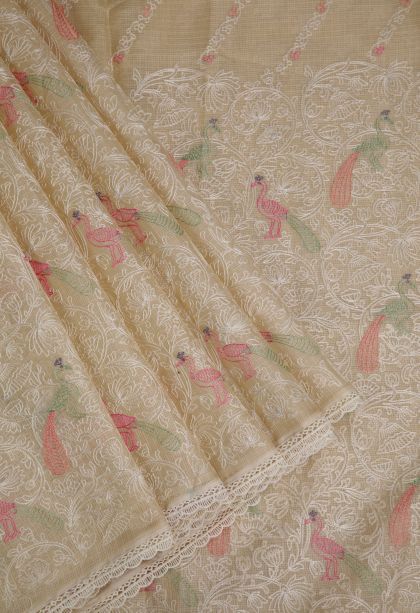 Cream White Organza Saree with Without Zari Zari Peacock Motifs