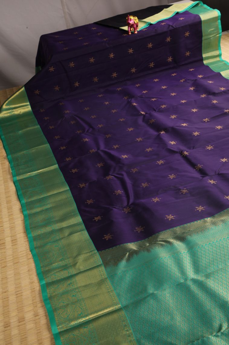 Indigo Blue Soft Silk Saree with Gold Zari Buttis (small Dots Or Motifs) view 2