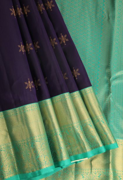 Indigo Blue Soft Silk Saree with Gold Zari Buttis (small Dots Or Motifs)