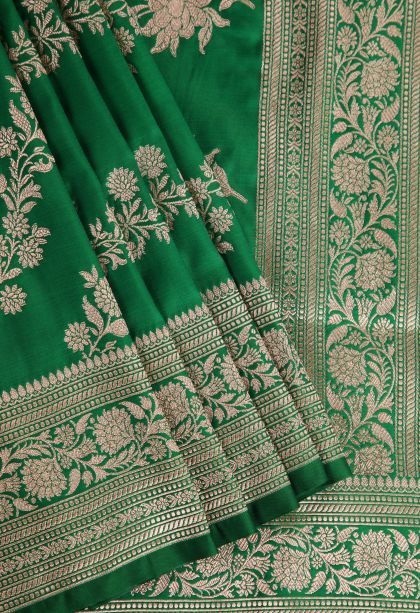 Emerald Green Banaras Sarees with Gold Zari Floral Patterns